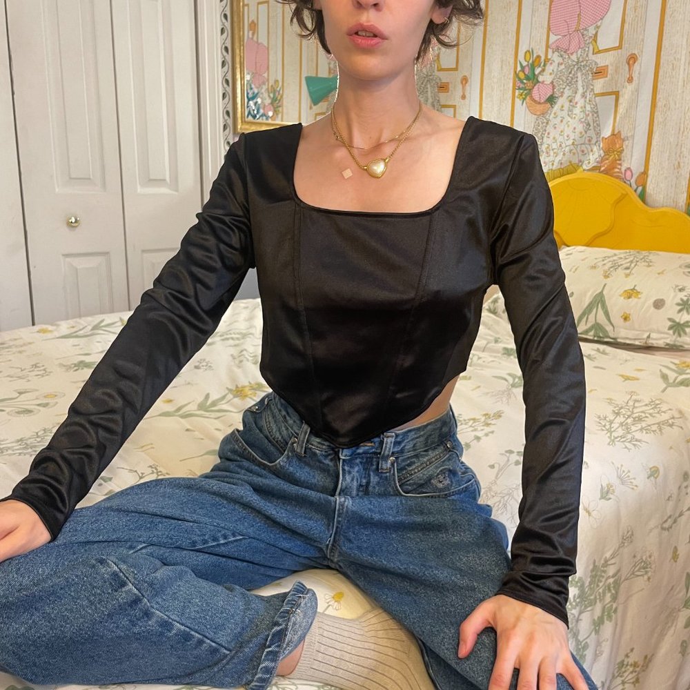 Black satin boned long sleeve camisole!